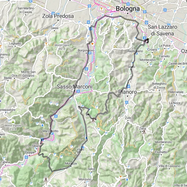 Miniatura della mappa di ispirazione al ciclismo "Avventura ciclistica tra Ponticella e Giardini Margherita" nella regione di Emilia-Romagna, Italy. Generata da Tarmacs.app, pianificatore di rotte ciclistiche