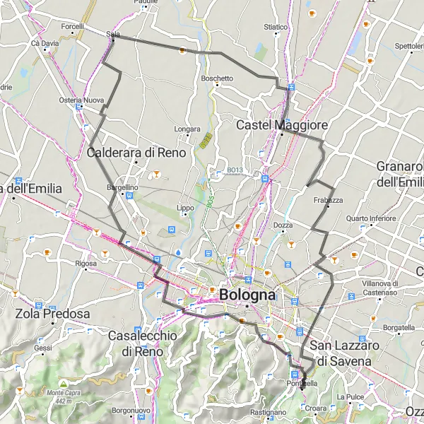 Zemljevid v pomanjšavi "Raznolika kolesarska tura v okolici Ponticelle" kolesarske inspiracije v Emilia-Romagna, Italy. Generirano z načrtovalcem kolesarskih poti Tarmacs.app