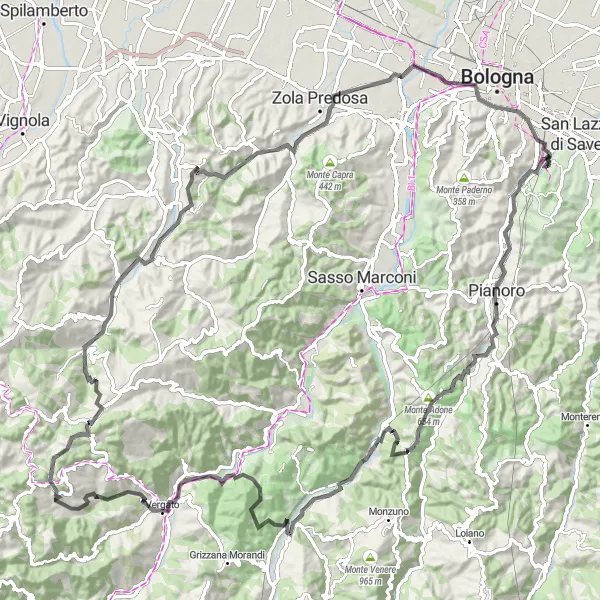 Zemljevid v pomanjšavi "Razburljiva cestna tura s panoramskimi razgledi" kolesarske inspiracije v Emilia-Romagna, Italy. Generirano z načrtovalcem kolesarskih poti Tarmacs.app