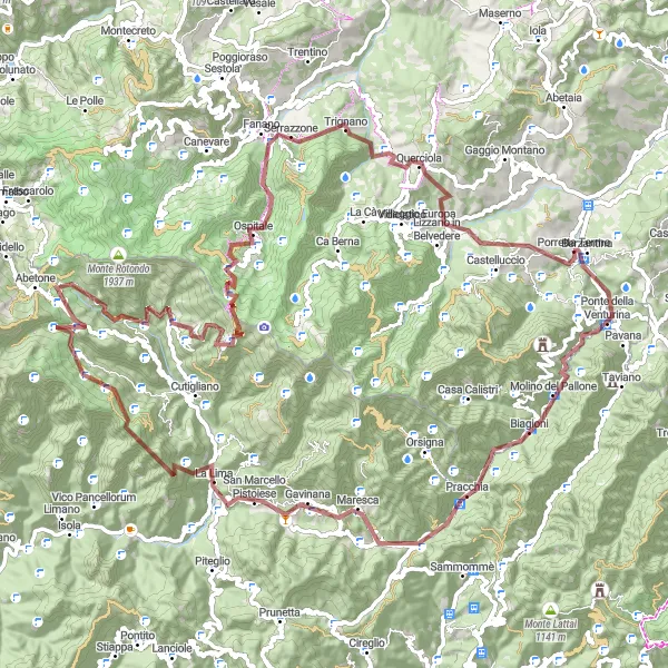 Miniatura della mappa di ispirazione al ciclismo "Avventura off-road tra le montagne emiliane" nella regione di Emilia-Romagna, Italy. Generata da Tarmacs.app, pianificatore di rotte ciclistiche