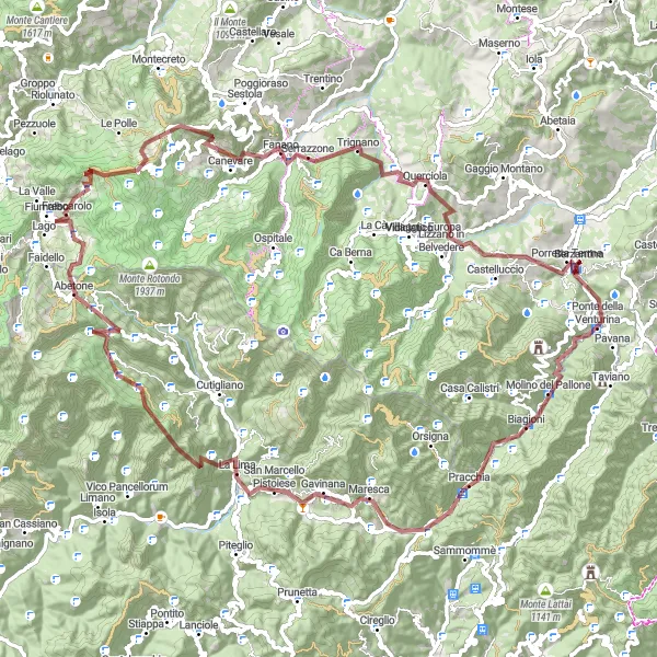 Miniatua del mapa de inspiración ciclista "Ruta de Grava Abetone" en Emilia-Romagna, Italy. Generado por Tarmacs.app planificador de rutas ciclistas