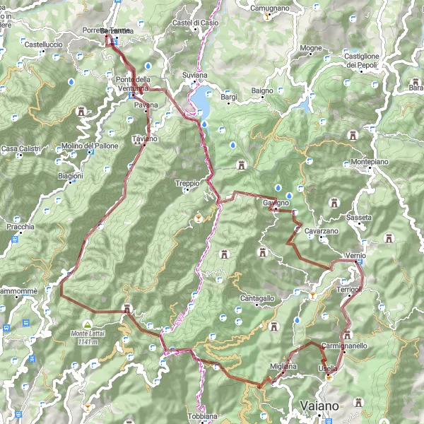 Map miniature of "Gravel Route from Porretta Terme" cycling inspiration in Emilia-Romagna, Italy. Generated by Tarmacs.app cycling route planner
