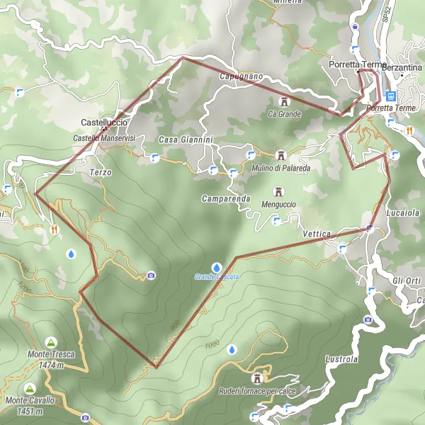 Miniatua del mapa de inspiración ciclista "Ruta de Grava Poggio di Borgo Capanne" en Emilia-Romagna, Italy. Generado por Tarmacs.app planificador de rutas ciclistas