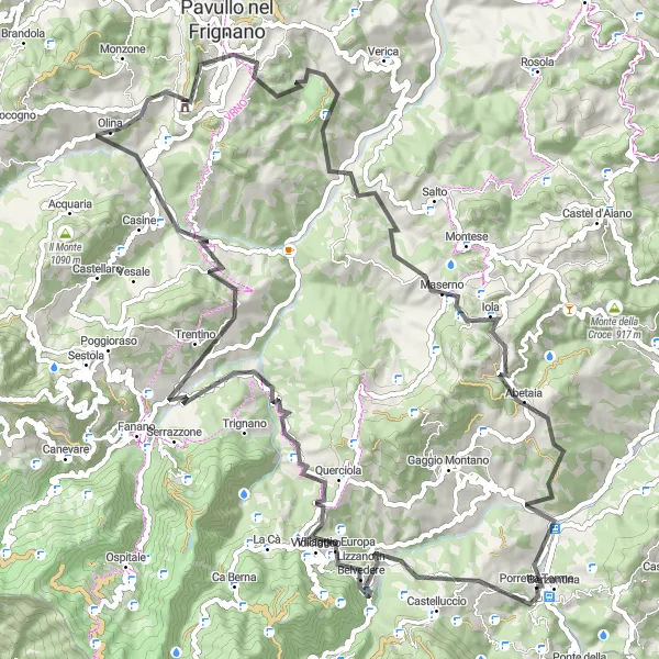 Miniatura della mappa di ispirazione al ciclismo "Monte della Croce e Monte Terminale" nella regione di Emilia-Romagna, Italy. Generata da Tarmacs.app, pianificatore di rotte ciclistiche