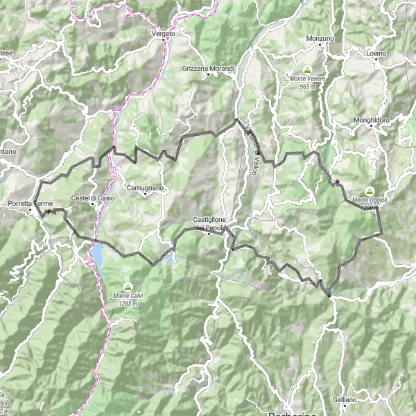 Map miniature of "Mountainous Road Adventure" cycling inspiration in Emilia-Romagna, Italy. Generated by Tarmacs.app cycling route planner