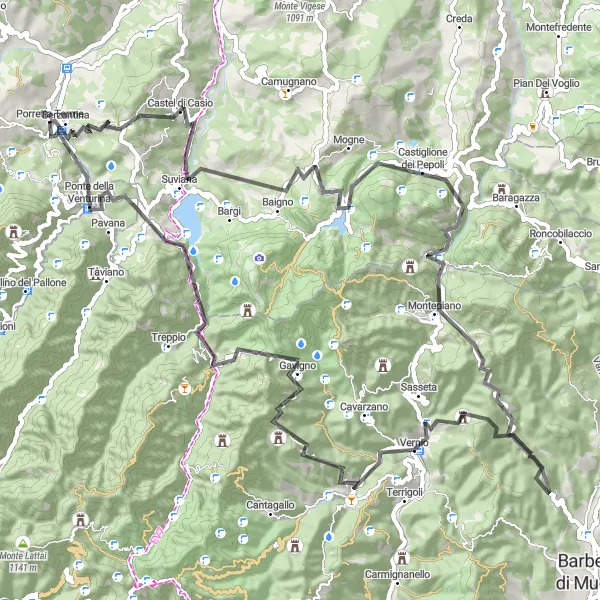 Miniatua del mapa de inspiración ciclista "Ruta en Carretera Castel di Casio" en Emilia-Romagna, Italy. Generado por Tarmacs.app planificador de rutas ciclistas