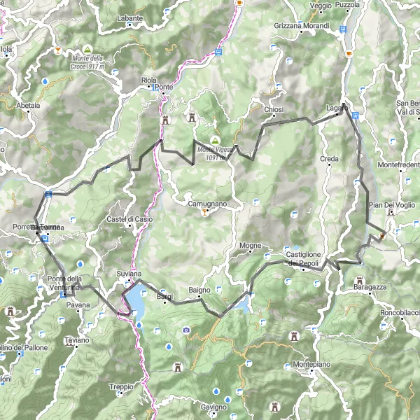 Kartminiatyr av "Vägcykling genom Verzuno och Suviana" cykelinspiration i Emilia-Romagna, Italy. Genererad av Tarmacs.app cykelruttplanerare