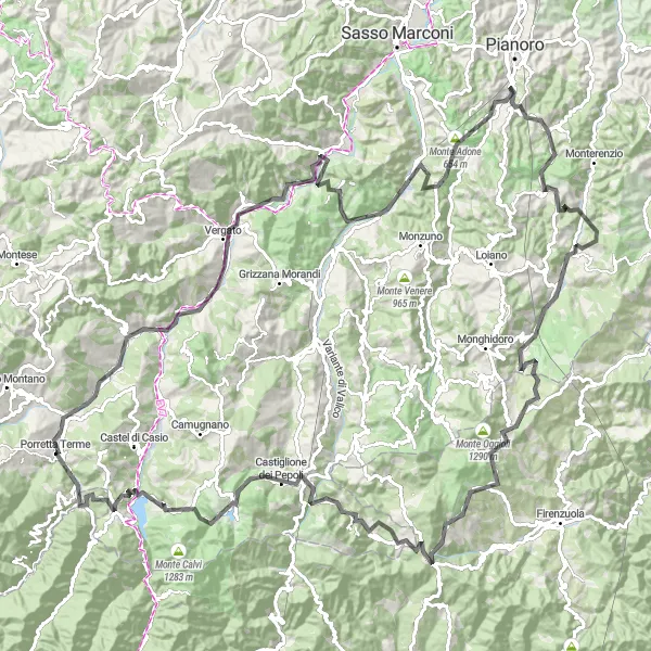 Miniature de la carte de l'inspiration cycliste "Parcours des sommets de l'Apennin" dans la Emilia-Romagna, Italy. Générée par le planificateur d'itinéraire cycliste Tarmacs.app