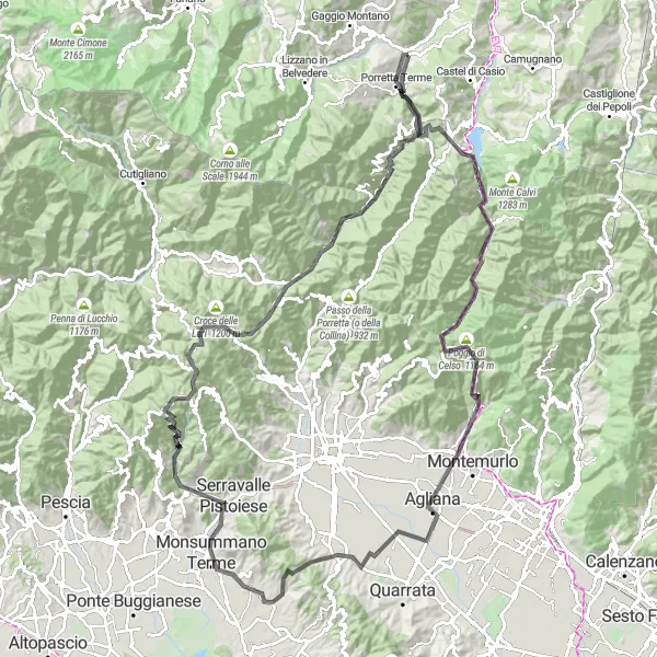 Karttaminiaatyyri "Kulttuurimatka Pavana-vuorelle" pyöräilyinspiraatiosta alueella Emilia-Romagna, Italy. Luotu Tarmacs.app pyöräilyreittisuunnittelijalla