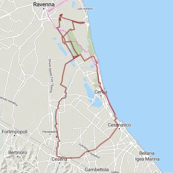 Kartminiatyr av "Grusväg från Porto Fuori till Classe" cykelinspiration i Emilia-Romagna, Italy. Genererad av Tarmacs.app cykelruttplanerare