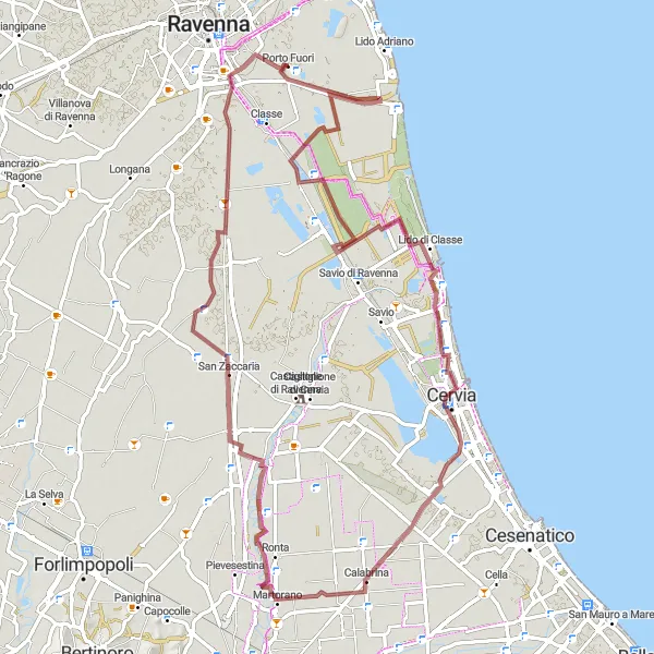 Map miniature of "Cervia Gravel Adventure" cycling inspiration in Emilia-Romagna, Italy. Generated by Tarmacs.app cycling route planner