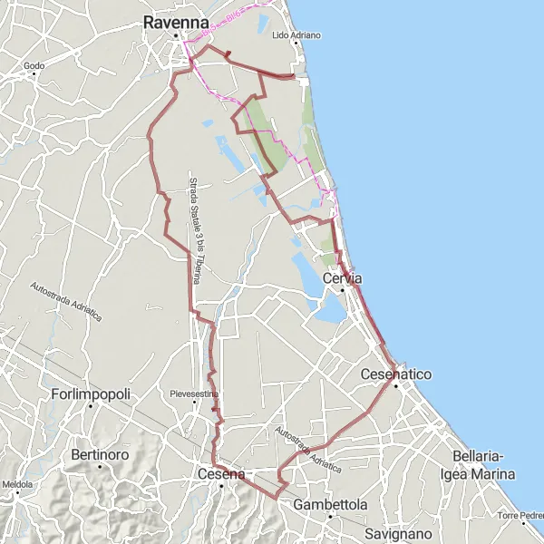 Map miniature of "Exploring the Coastal Gravel Route" cycling inspiration in Emilia-Romagna, Italy. Generated by Tarmacs.app cycling route planner