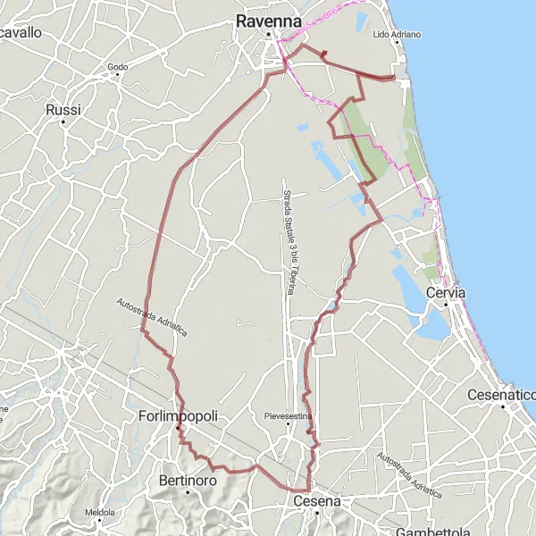 Mapa miniatúra "Scenic Gravel Loop from Fosso Ghiaia to Madonna dell'Albero" cyklistická inšpirácia v Emilia-Romagna, Italy. Vygenerované cyklistickým plánovačom trás Tarmacs.app