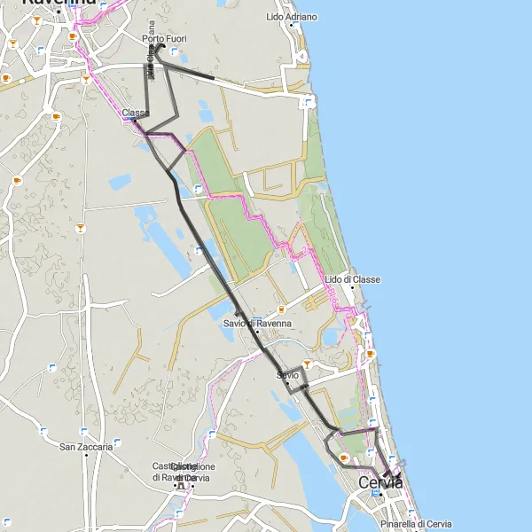 Miniaturní mapa "Okružní cyklistická trasa od Porto Fuori" inspirace pro cyklisty v oblasti Emilia-Romagna, Italy. Vytvořeno pomocí plánovače tras Tarmacs.app