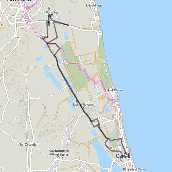 Miniatura della mappa di ispirazione al ciclismo "In sella da Porto Fuori a Classe" nella regione di Emilia-Romagna, Italy. Generata da Tarmacs.app, pianificatore di rotte ciclistiche