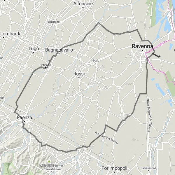 Map miniature of "San Pietro in Campiano and Mausoleo Teodorico Loop" cycling inspiration in Emilia-Romagna, Italy. Generated by Tarmacs.app cycling route planner