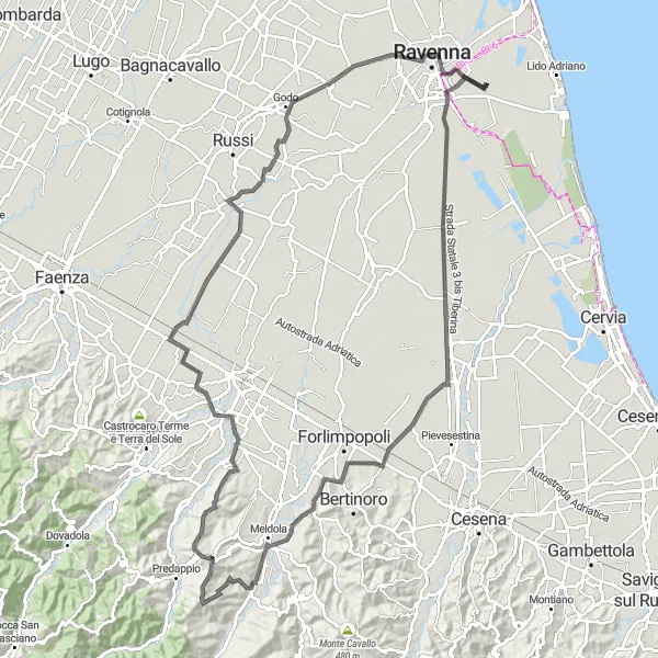 Map miniature of "Meldola and Ravenna Loop" cycling inspiration in Emilia-Romagna, Italy. Generated by Tarmacs.app cycling route planner