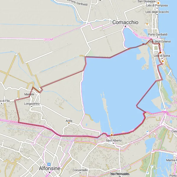 Zemljevid v pomanjšavi "Gravel Route to Porto Garibaldi" kolesarske inspiracije v Emilia-Romagna, Italy. Generirano z načrtovalcem kolesarskih poti Tarmacs.app