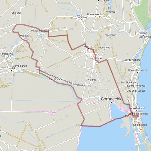 Miniature de la carte de l'inspiration cycliste "Itinéraire de gravel de Porto Garibaldi à Lagosanto" dans la Emilia-Romagna, Italy. Générée par le planificateur d'itinéraire cycliste Tarmacs.app