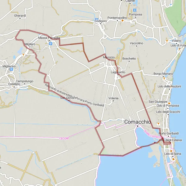 Miniatura della mappa di ispirazione al ciclismo "Tour in mountain bike di 78 km da Porto Garibaldi a Lagosanto" nella regione di Emilia-Romagna, Italy. Generata da Tarmacs.app, pianificatore di rotte ciclistiche