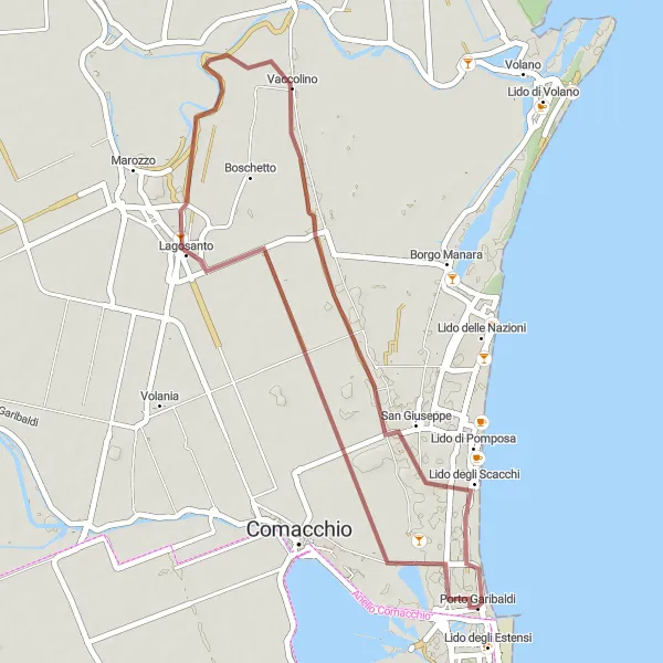 Kartminiatyr av "Grusvei gjennom Porto Garibaldi og Vaccolino" sykkelinspirasjon i Emilia-Romagna, Italy. Generert av Tarmacs.app sykkelrutoplanlegger