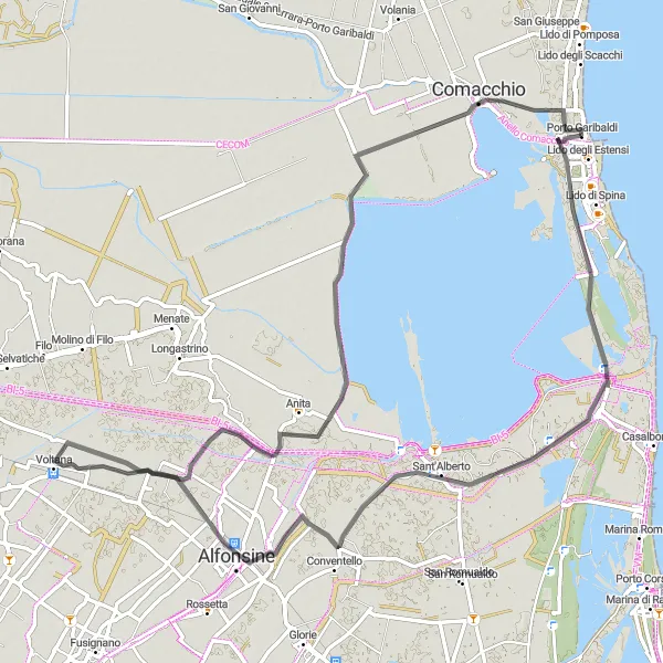 Miniature de la carte de l'inspiration cycliste "Route de Porto Garibaldi à Comacchio" dans la Emilia-Romagna, Italy. Générée par le planificateur d'itinéraire cycliste Tarmacs.app