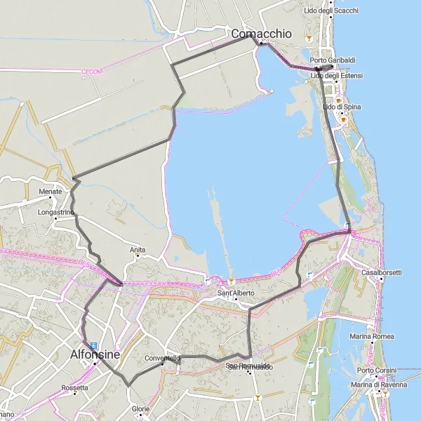 Miniatura della mappa di ispirazione al ciclismo "Giro in bicicletta di 79 km da Porto Garibaldi ad Alfonsine" nella regione di Emilia-Romagna, Italy. Generata da Tarmacs.app, pianificatore di rotte ciclistiche