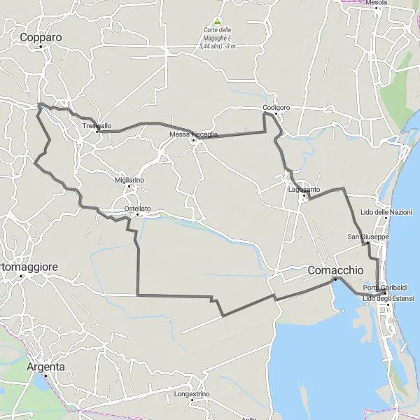 Zemljevid v pomanjšavi "Valli di Comacchio Loop" kolesarske inspiracije v Emilia-Romagna, Italy. Generirano z načrtovalcem kolesarskih poti Tarmacs.app