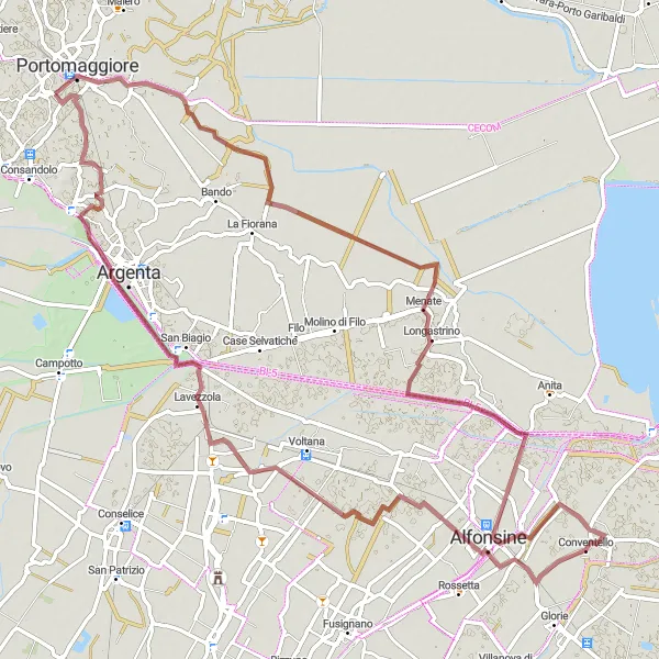 Kartminiatyr av "Grusvägar och Naturupplevelser" cykelinspiration i Emilia-Romagna, Italy. Genererad av Tarmacs.app cykelruttplanerare