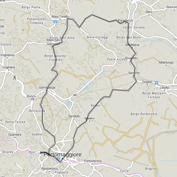 Kartminiatyr av "Kort och Kulturell Cykeltur" cykelinspiration i Emilia-Romagna, Italy. Genererad av Tarmacs.app cykelruttplanerare