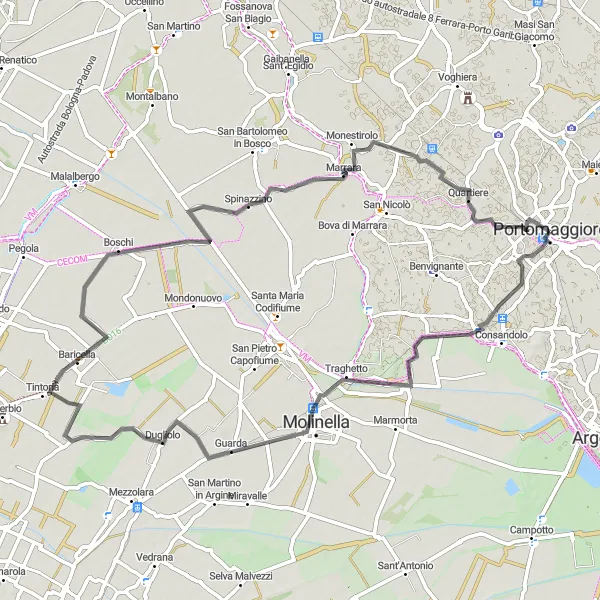 Miniaturní mapa "Okruh kolem Portomaggiore" inspirace pro cyklisty v oblasti Emilia-Romagna, Italy. Vytvořeno pomocí plánovače tras Tarmacs.app