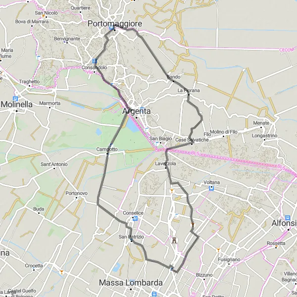 Kartminiatyr av "Rundtur til Portoverrara, Lavezzola og Ripapersico" sykkelinspirasjon i Emilia-Romagna, Italy. Generert av Tarmacs.app sykkelrutoplanlegger