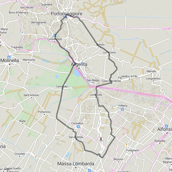 Map miniature of "The Portoverrara Adventure" cycling inspiration in Emilia-Romagna, Italy. Generated by Tarmacs.app cycling route planner