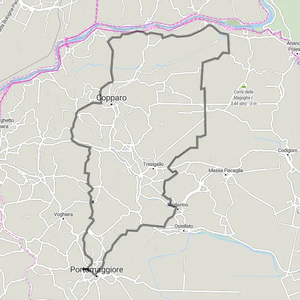 Map miniature of "Portomaggiore to Gambulaga Loop" cycling inspiration in Emilia-Romagna, Italy. Generated by Tarmacs.app cycling route planner
