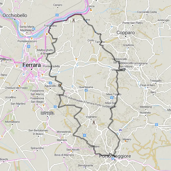 Zemljevid v pomanjšavi "Cesto preko Cocomaro di Cona" kolesarske inspiracije v Emilia-Romagna, Italy. Generirano z načrtovalcem kolesarskih poti Tarmacs.app