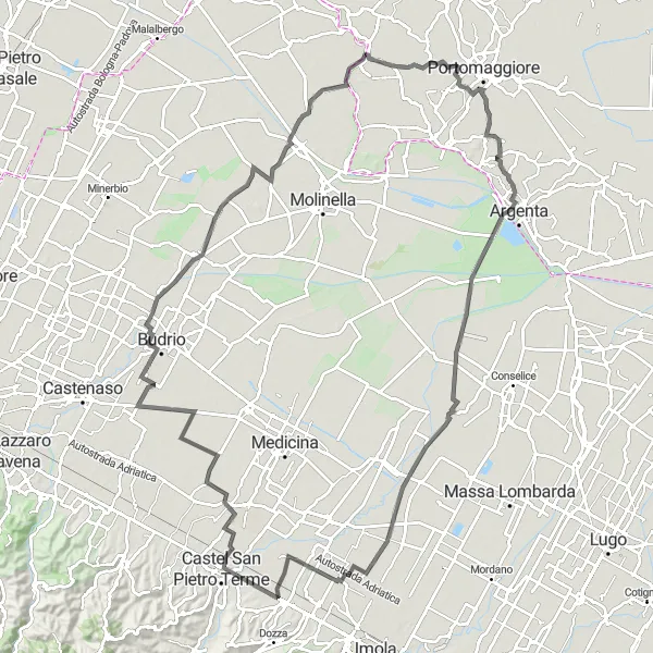 Miniaturní mapa "Cyklistická trasa vedoucí kolem Portomaggiore" inspirace pro cyklisty v oblasti Emilia-Romagna, Italy. Vytvořeno pomocí plánovače tras Tarmacs.app