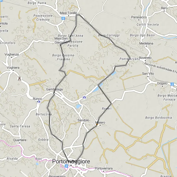 Kartminiatyr av "Portomaggiore till Maiero Cykeltur" cykelinspiration i Emilia-Romagna, Italy. Genererad av Tarmacs.app cykelruttplanerare