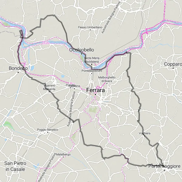 Map miniature of "Portomaggiore to Contrapò" cycling inspiration in Emilia-Romagna, Italy. Generated by Tarmacs.app cycling route planner