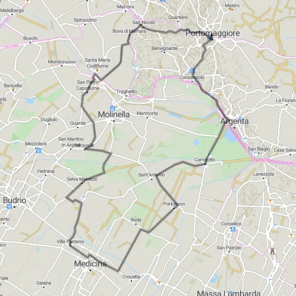 Miniaturní mapa "Scénická cyklistická trasa z Portomaggiore" inspirace pro cyklisty v oblasti Emilia-Romagna, Italy. Vytvořeno pomocí plánovače tras Tarmacs.app
