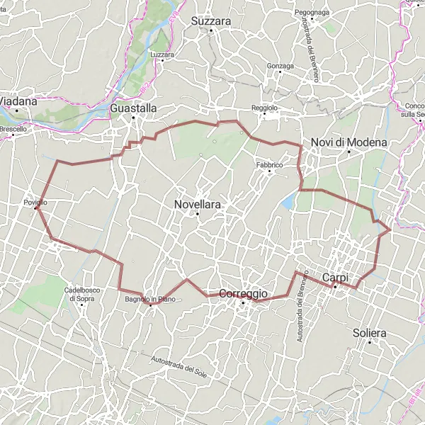 Mapa miniatúra "Gravelová trasa s výhľadmi okolo Poviglio" cyklistická inšpirácia v Emilia-Romagna, Italy. Vygenerované cyklistickým plánovačom trás Tarmacs.app