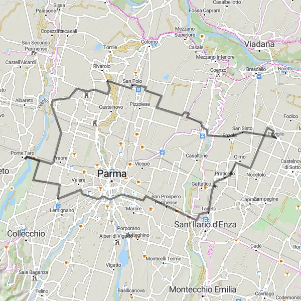 Mapa miniatúra "Okruhová cyklotrasa cez Praticello a San Prospero Parmense" cyklistická inšpirácia v Emilia-Romagna, Italy. Vygenerované cyklistickým plánovačom trás Tarmacs.app