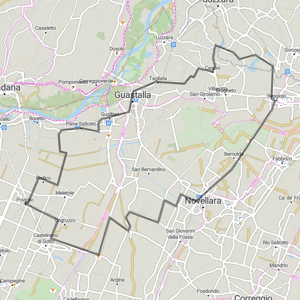 Karttaminiaatyyri "Maantiepyöräily Gualtieriin ja takaisin" pyöräilyinspiraatiosta alueella Emilia-Romagna, Italy. Luotu Tarmacs.app pyöräilyreittisuunnittelijalla