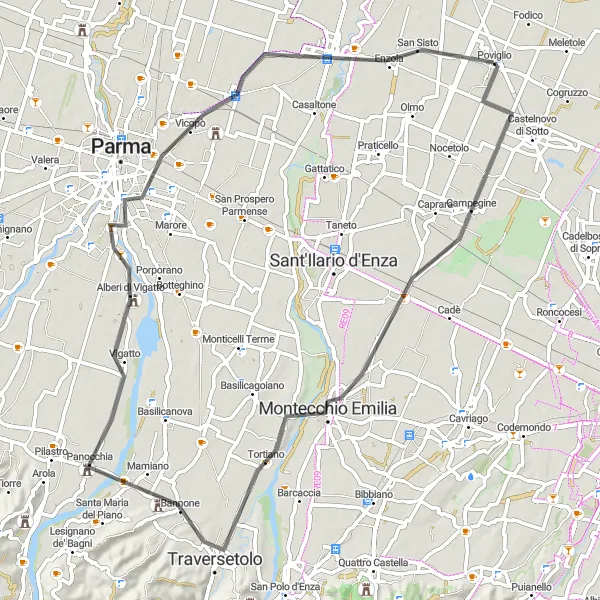 Kartminiatyr av "Historic Road Cycling Route from Poviglio" sykkelinspirasjon i Emilia-Romagna, Italy. Generert av Tarmacs.app sykkelrutoplanlegger