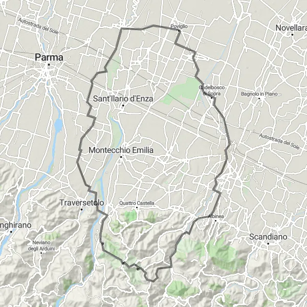 Zemljevid v pomanjšavi "Krožna kolesarska pot okoli Poviglia - cestna" kolesarske inspiracije v Emilia-Romagna, Italy. Generirano z načrtovalcem kolesarskih poti Tarmacs.app