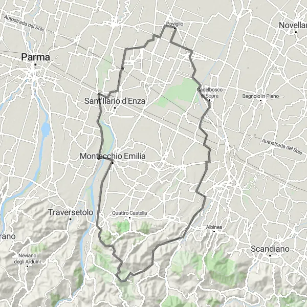 Kartminiatyr av "Road Cycling Adventure near Poviglio" sykkelinspirasjon i Emilia-Romagna, Italy. Generert av Tarmacs.app sykkelrutoplanlegger