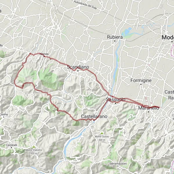 Map miniature of "Fiorano Modenese Gravel Adventure" cycling inspiration in Emilia-Romagna, Italy. Generated by Tarmacs.app cycling route planner