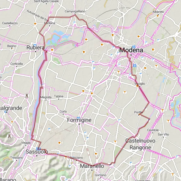 Miniaturní mapa "Gravelová cesta skrz venkov kolem Pozzy" inspirace pro cyklisty v oblasti Emilia-Romagna, Italy. Vytvořeno pomocí plánovače tras Tarmacs.app