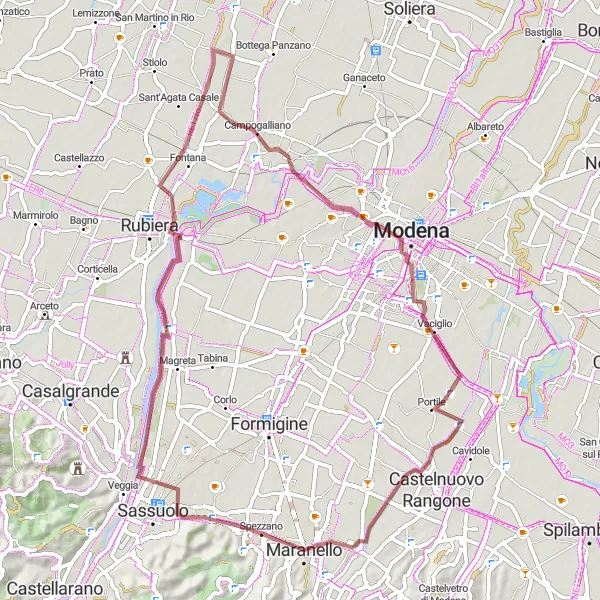 Miniature de la carte de l'inspiration cycliste "Boucle de 66 km en gravier près de Pozza" dans la Emilia-Romagna, Italy. Générée par le planificateur d'itinéraire cycliste Tarmacs.app