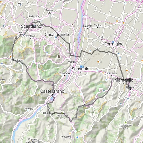 Map miniature of "Maranello Loop" cycling inspiration in Emilia-Romagna, Italy. Generated by Tarmacs.app cycling route planner