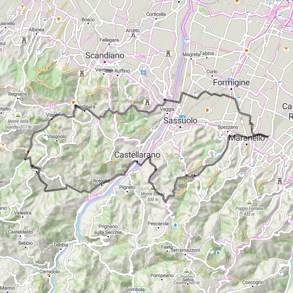 Zemljevid v pomanjšavi "Cestna tura skozi pokrajino Emilia-Romagna" kolesarske inspiracije v Emilia-Romagna, Italy. Generirano z načrtovalcem kolesarskih poti Tarmacs.app